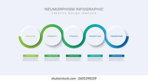 Neumorphic infographic design template with 5 options. Concept of development process.