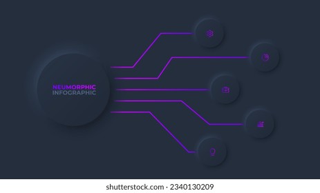 Neumorphic infographic design template. Dark business data visualization with 5 steps, options, parts or processes