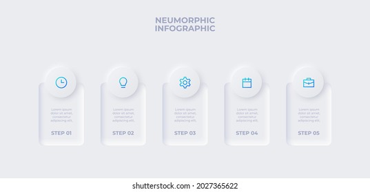 Plantilla de diseño de infografía neumórfica. Cinco banderas en fila horizontal con círculos. Concepto de 5 etapas del proceso de desarrollo empresarial.