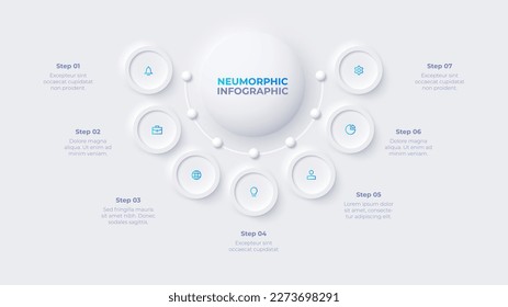 Plantilla de diseño de infografía neumórfica. Diagrama de flujo con 7 opciones