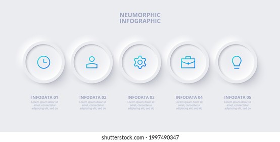Plantilla de diseño de infografía neumórfica. Seis anillos colocados en fila horizontal. Concepto de 6 etapas del proceso de desarrollo empresarial.