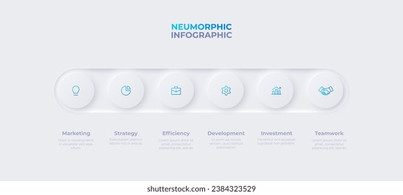 Neumorphic infographic design template. Six circles placed in horizontal row. Concept of 6 steps of business development process