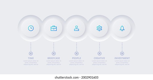 Neumorphic infographic elements. Five circles placed in horizontal row. Concept of 5 steps of business development process.