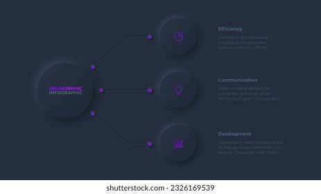 Neumorphic infographic flowchart design template on the dark background. Business data visualization with 3 options