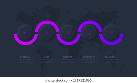 Neumorphe Infografik auf dunklem Hintergrund. Fünf Kreise mit geschwungenen Linien auf einem Hintergrund mit einer Landkarte der Erde