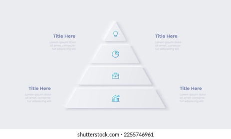 neumorphe Infografik-Pyramide. Visualisierung von Geschäftsdaten mit 4 Optionen. Konzept des Entwicklungsprozesses.