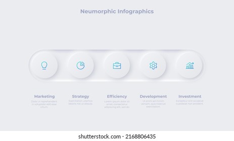 Neumorphic infographic timeline design template. Business data visualization with 5 options. Concept of development process.