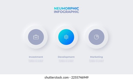 Neumorphic infographic timeline design template. Business data visualization with 3 options. Concept of development process.