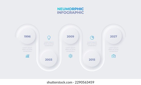 Neumorphe Infografik Timeline Design Vorlage. Konzept des Entwicklungsprozesses mit 5 Optionen