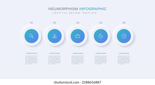 Neumorphic infographic timeline design template. Business data visualization with 5 options. Concept of development process.