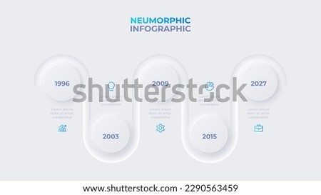 Neumorphic infographic timeline design template. Concept of development process with 5 options