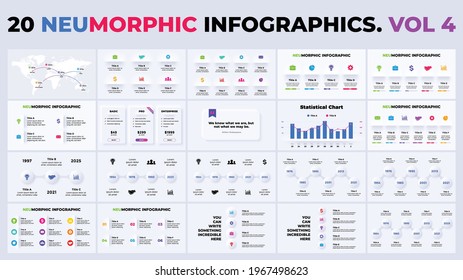 Neumorphic Infographics. Vector Business Timeline Info Graphic. Presentation Graph, Diagram Template. 3, 4, 5, 6, 7, 8 Steps.