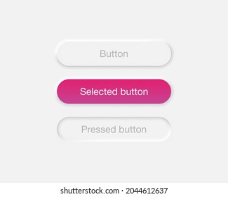 Neumorphic interface buttons set. Selected and pressed button in neumorphism design isolated on gray background Vector EPS 10