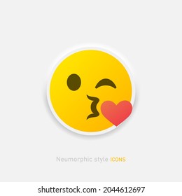 Neumorphic kiss emoji vector icon. Positive kissing emoticon with heart in neumorphism style isolated on gray background Vector EPS 10