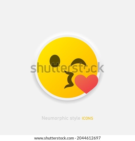 Neumorphic kiss emoji vector icon. Positive kissing emoticon with heart in neumorphism style isolated on gray background Vector EPS 10