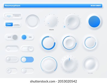 Kit de interfaz de usuario de botón neumfo, botones de aplicación móvil, interfaz de usuario o UX. Botones, en los deslizadores, conmutadores y mandos de control de volumen de la interfaz gráfica de usuario de la aplicación para móviles y sitios web, neumorfismo mínimo