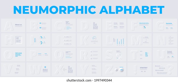 Neumorphic letters and numbers slides with infographic elements. Vector presentation for your typography design.