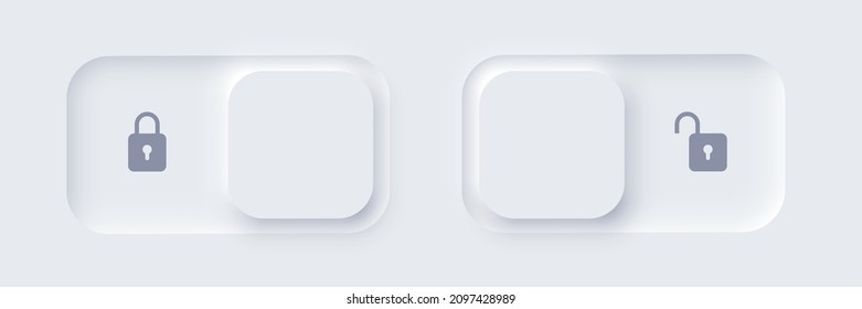 Neumorphic lock and unlock slide buttons set vector illustration. User web interface elements with shadow in Neumorphism minimal elegant design, open and closed padlock on sliders of website menu