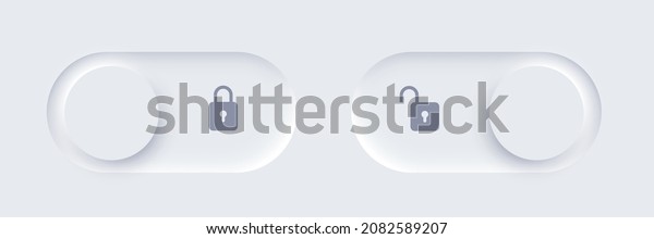 Neumorphic lock and unlock slide buttons set vector\
illustration. User web interface elements with shadow in\
Neumorphism minimal elegant design, open and closed padlock on\
sliders of website\
menu