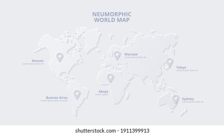 Neumorphic Map With Markers. Skeuomorph Presentation Slide.