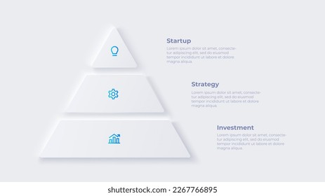 Neumorphes Pyramidenelement für Infografik. Skeuomorph Konzept mit 3 Optionen, Teilen, Schritten oder Prozessen.