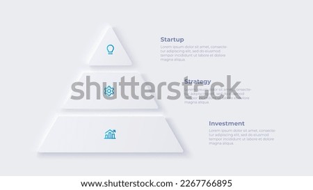 Neumorphic pyramid element for infographic. Skeuomorph concept with 3 options, parts, steps or processes.