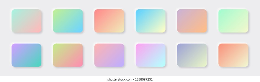 Botones rectangulares neumórficos. Formas geométricas de gradiente de color en un estilo 3D suave y moderno con sombra. Vector