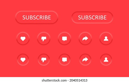 Neumorphic social network Buttons Subscribe Like Dislike Comment Share Accounts on abstract red background. Vector illustration EPS 10