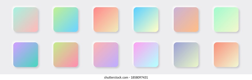 Botones cuadrados neumórficos. Formas geométricas de gradiente de color en un estilo 3D suave y moderno con sombra. Vector