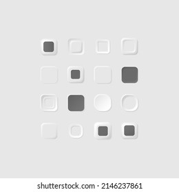 Neumorphic Square Buttons. White Geometric Shapes In A Trendy Soft 3D Style With Shadow. Web Elements Geometry Modern Neumorphism Trend Design. Minimalism Vector Design.