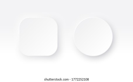 Neumorphic square and round buttons. White geometric shapes in a trendy soft 3D style with shadow.