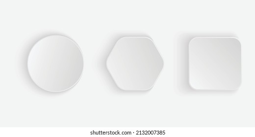 Neumorphic square,hexagonal and round buttons. White geometric shapes in a trendy soft 3D style with shadow.neumorphic shape vector