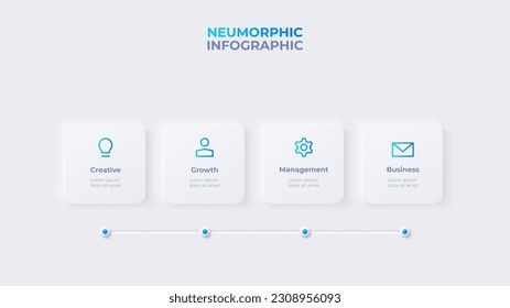 Neumorphic timeline infographic. Skeuomorph concept with 4 options, parts, steps or processes