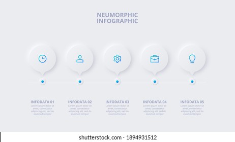 Neumorphic Timeline Infographic. Template For Diagram, Graph, Presentation And Chart. Skeuomorph Concept With 5 Options, Parts, Steps Or Processes