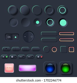 Neumorphic UI button set. Dark color Workflow graphic elements in Skeuomorph Trend Design. Button Elements for smart technology and applications. Editable Vector illustration.