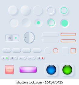 Neumorphic UI button set. Light color Workflow graphic elements in Skeuomorph Trend Design. Button Elements for smart technology and applications. Editable Vector illustration.