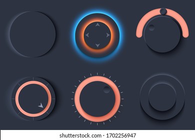 Neumorphic UI circle dark set. Workflow graphic elements in Skeuomorph Trend Design. Circular Elements for smart technology and applications. Editable Vector illustration.