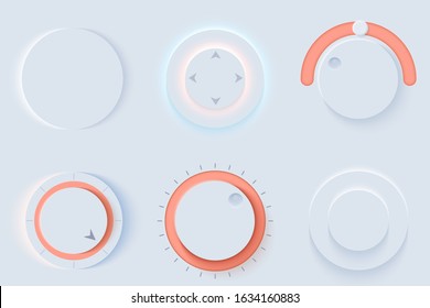 Neumorphic UI circle Light color set. Workflow graphic elements in Skeuomorph Trend Design. Circular Elements for smart technology and applications. Editable Vector illustration.