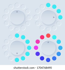 Neumorphic UI circle light set. Workflow graphic elements in Skeuomorph Trend Design. Circular Elements for smart technology and applications. Editable Vector illustration.