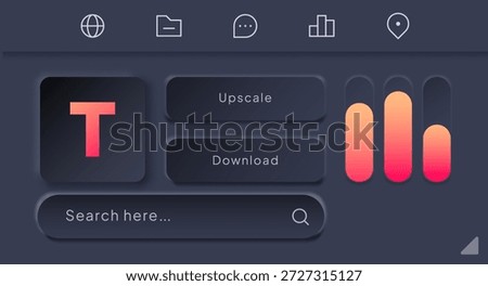 Neumorphic UI dashboard interface. Modern dark theme with buttons, search bar, and data charts. Trendy neumorphism style. Featuring elegant dark buttons and vibrant gradient charts, technology startup