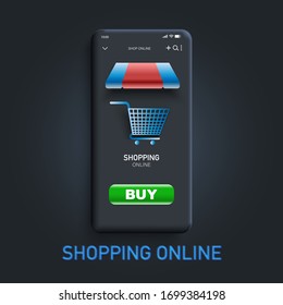 Un diseño elegante de una pantalla de teléfono inteligente de carbón negro Futurista con la web interactiva Dark Web Shop en línea