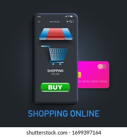Neumorphic UI An elegant design of a Futuristic flat black charcoal smartphone screen with interactive Dark web Shop online with card credit slot in side