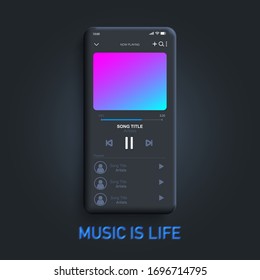 Neumorphic UI An elegant design of a modern flat black charcoal smartphone screen with interactive music apps face