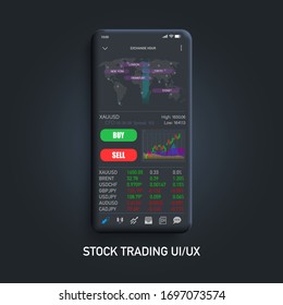 Neumorphic UI Futuristic Stock Trade UI. Trade concept. forex market, news and analysis. binary option. Application for investment and online smartphone