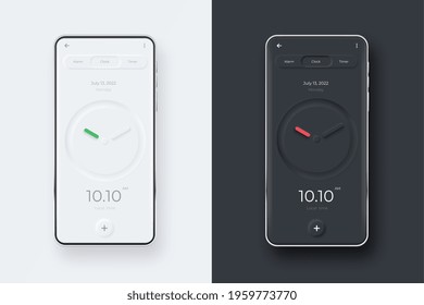 Neumorphic UI kit on smartphone screen. Clock on black and white smartphone template. Mobile interface app. UI vector template