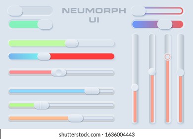 Neumorphic UI slider set. Light color Workflow graphic elements in Skeuomorph Trend Design. Line sliders Elements for smart technology and applications. Editable Vector illustration.