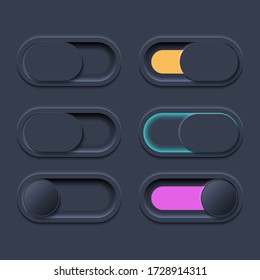 Neumorphic UI switch dark set. Workflow graphic elements in Skeuomorph Trend Design. Elements for smart technology and applications. Editable Vector illustration.