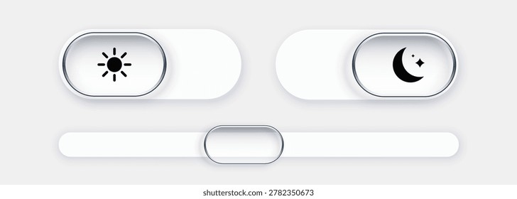 Neumorphic UI toggle switches and slider control for modern app interface design. Vector illustration