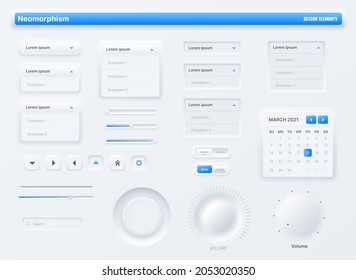 Neumorphic UI, user interface buttons, search bars and switches. Vector UX kit for mobile application, web social media with knob, volume buttons and sliders, search box, action bars and calendar