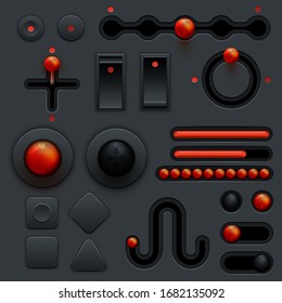 Neumorphic UI UX buttons design elements set dark theme app trend mockup, minimalist computer game user interfaces 3d shapes